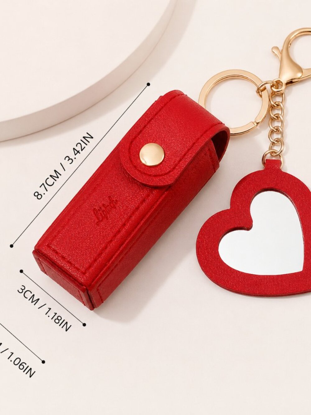 Red Mini Lipstick Holder Keychain Heart Mirror Makeup Bag Charm Cosmetic Case - Picture 5 of 5